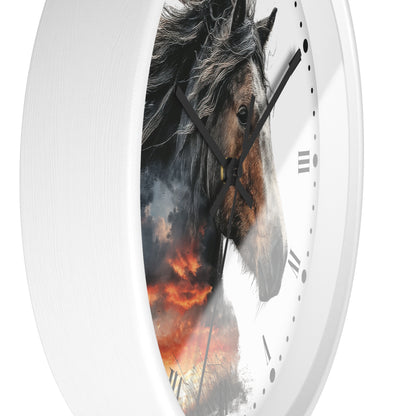 A round wall clock with a white frame and a printed design of a horse's head over a fiery sky, shown at an angle against a white background.