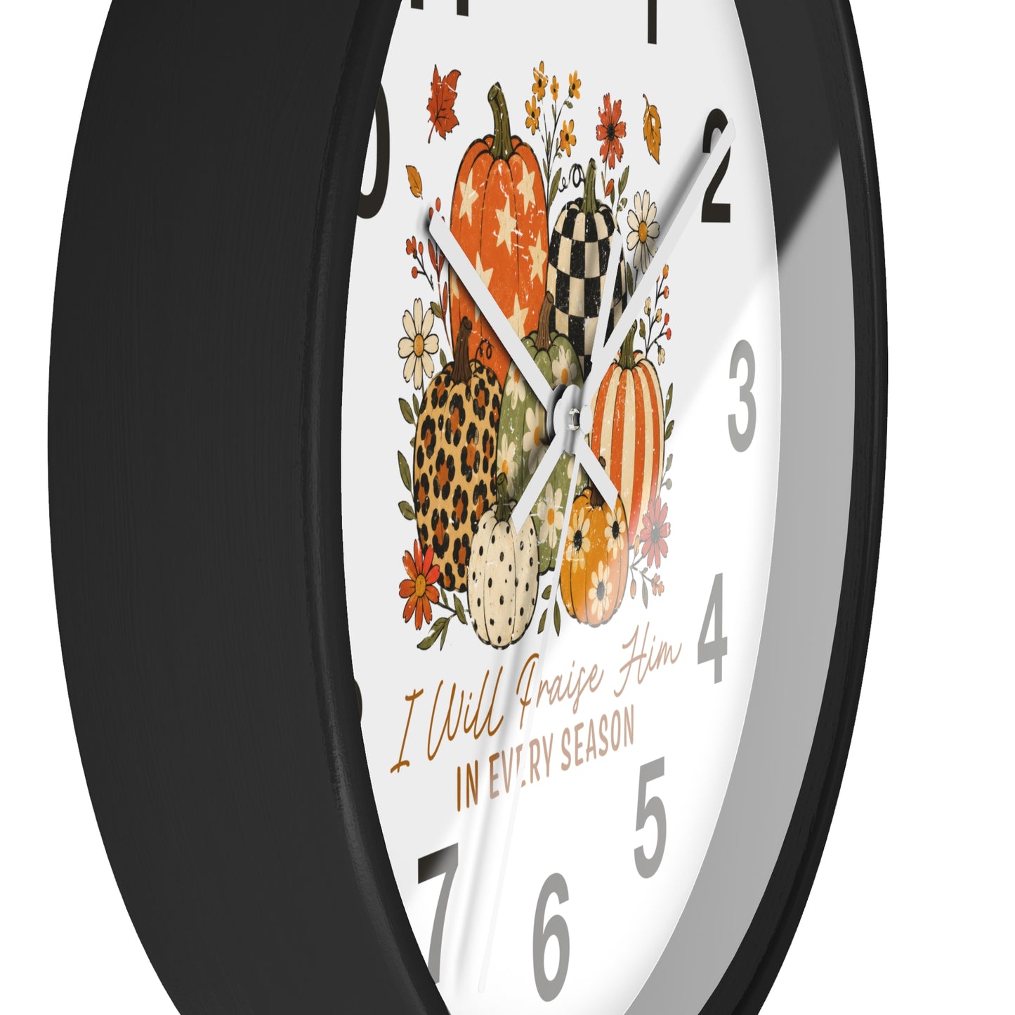 Autumn Wall Clock — "I Will Praise Him in Every Season" Fall Pumpkin Floral Decor