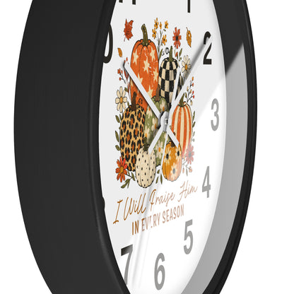Autumn Wall Clock — "I Will Praise Him in Every Season" Fall Pumpkin Floral Decor