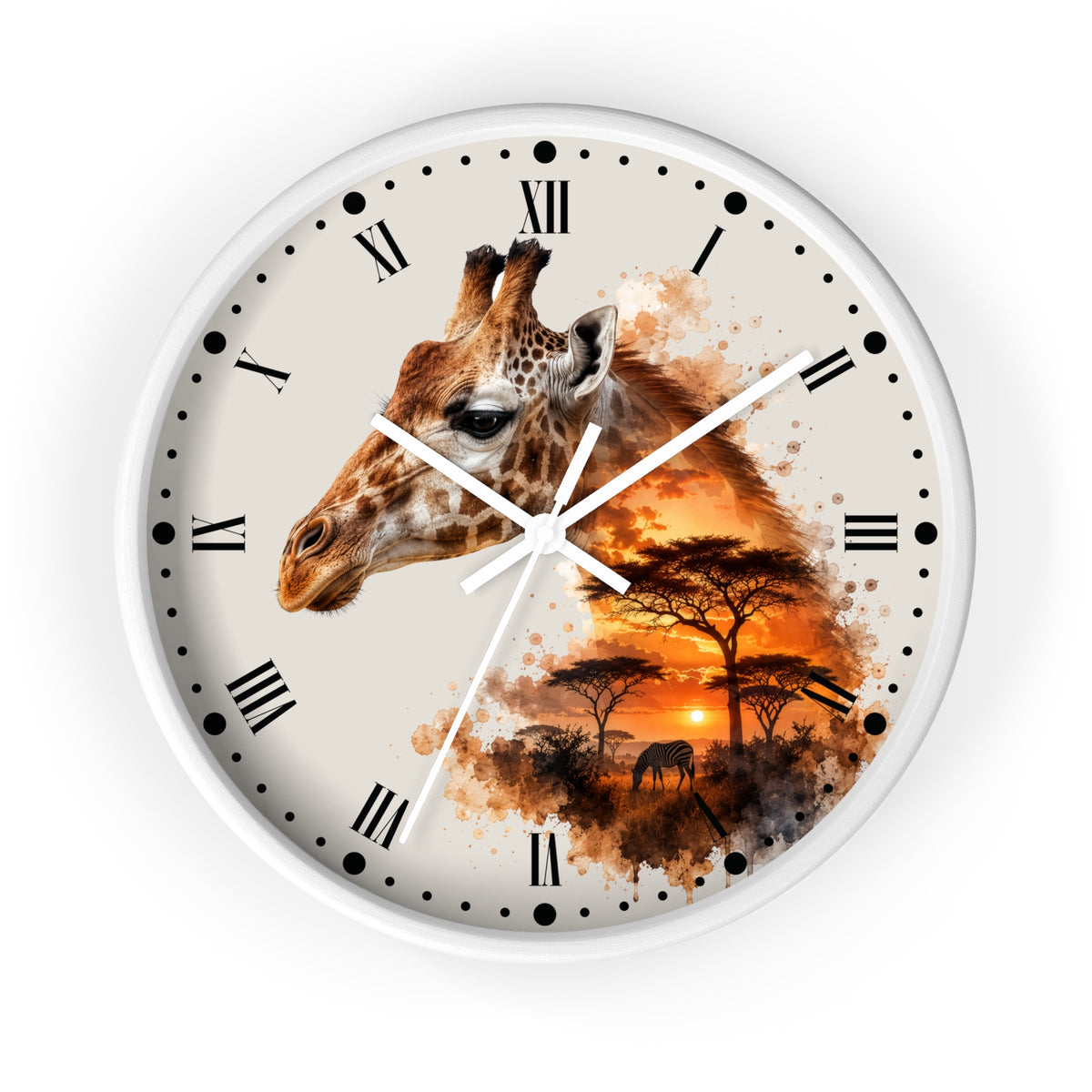 A round wall clock with a white frame and a safari-themed dial design. The clock face features a large giraffe head on the left, black Roman numerals, black hour markers, white clock hands, and an orange sunset landscape with acacia trees and a giraffe silhouette on the right, all set against a clean white background.