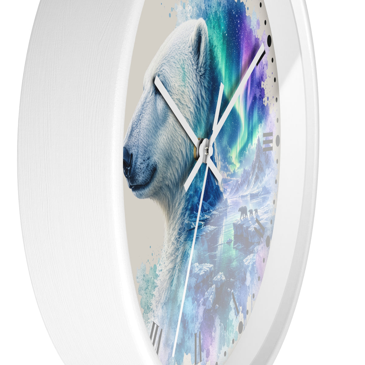 Polar Bear Aurora Wall Clock — Arctic Northern Lights Wildlife Decor