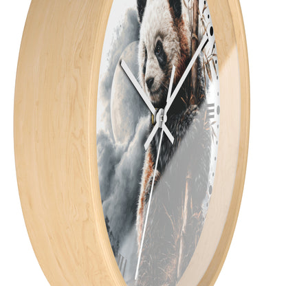 Round wall clock with a light natural wood frame and a printed panda illustration on the face, shown against a plain white background.