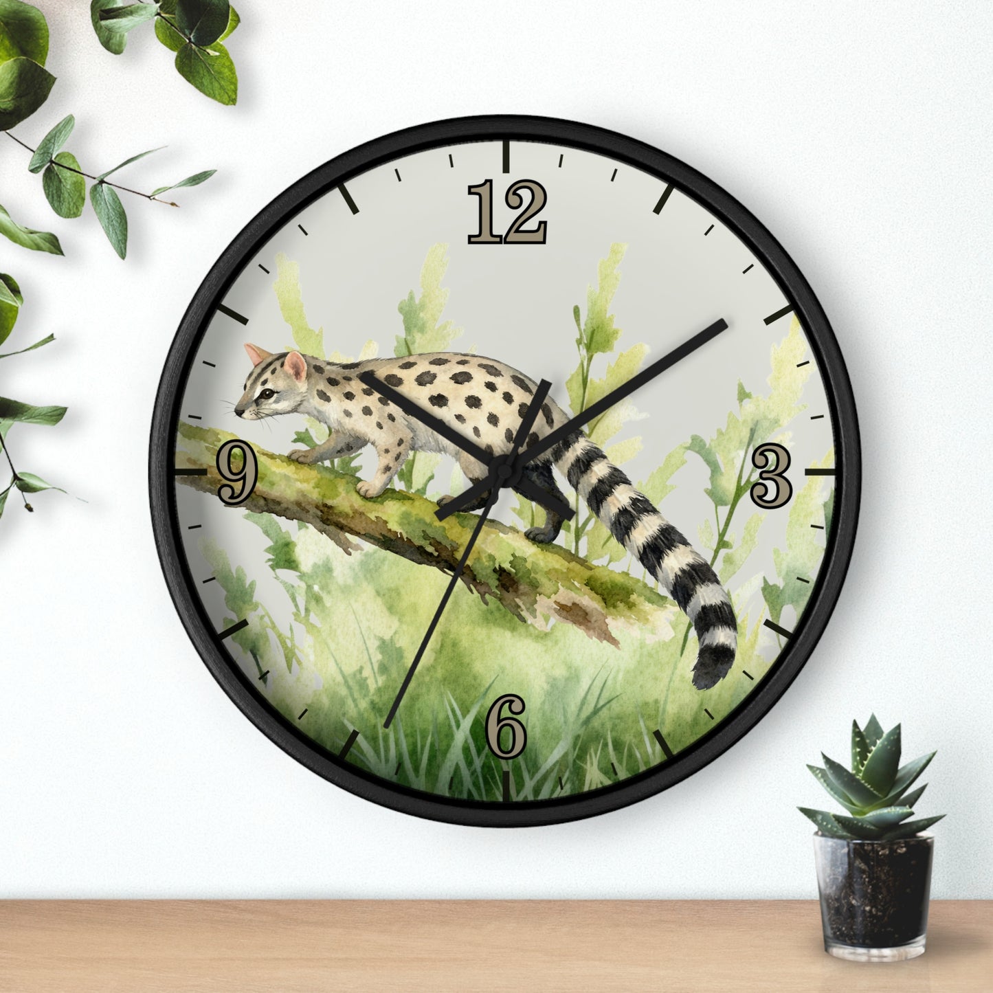 Watercolor Genet Cat Wall Clock - Safari Animal Decor