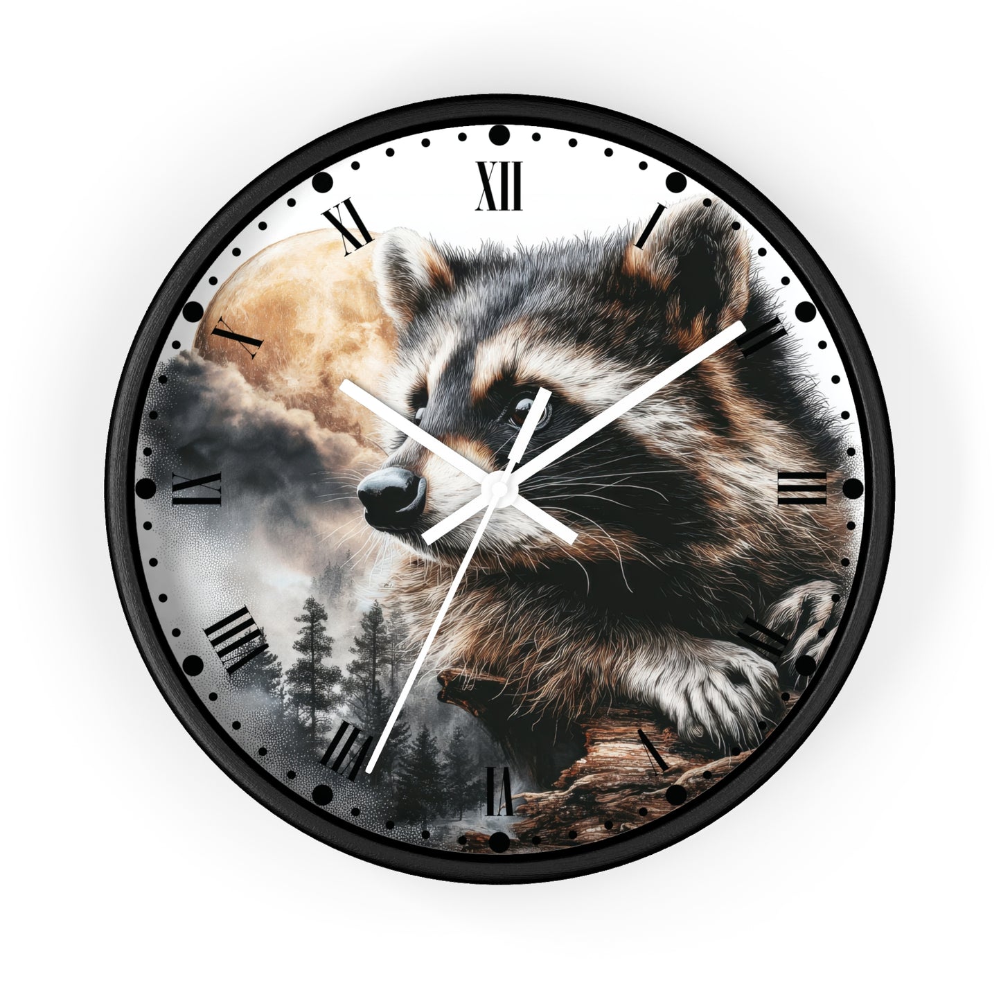 A round wall clock with a black frame and a printed raccoon design on the face, featuring Roman numerals and white clock hands, shown against a plain white background.