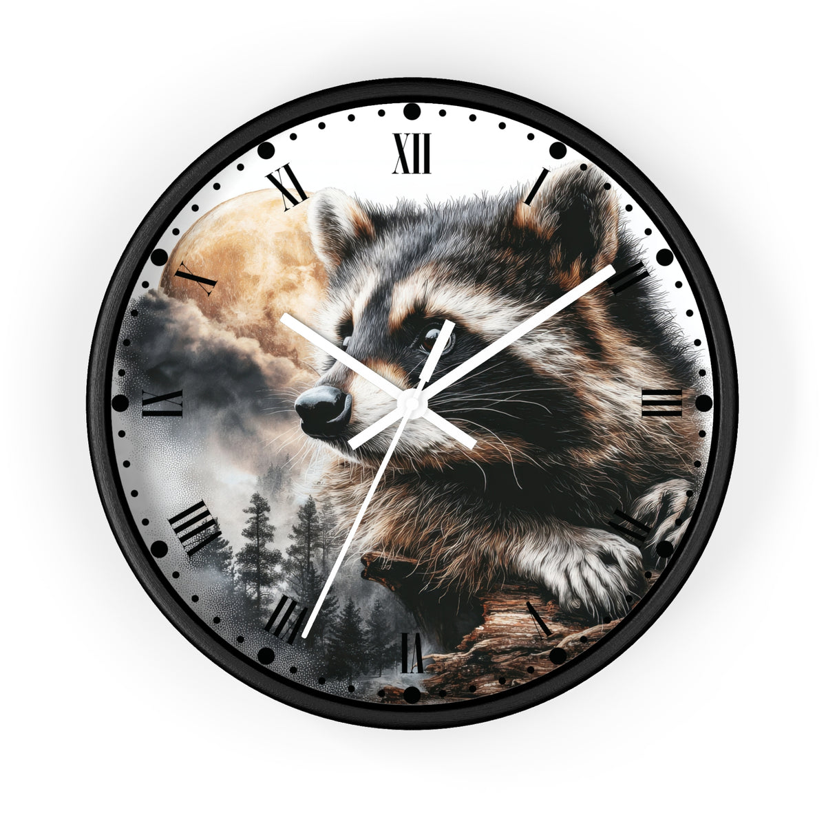 A round wall clock with a black frame and a printed raccoon design on the face, featuring Roman numerals and white clock hands, shown against a plain white background.