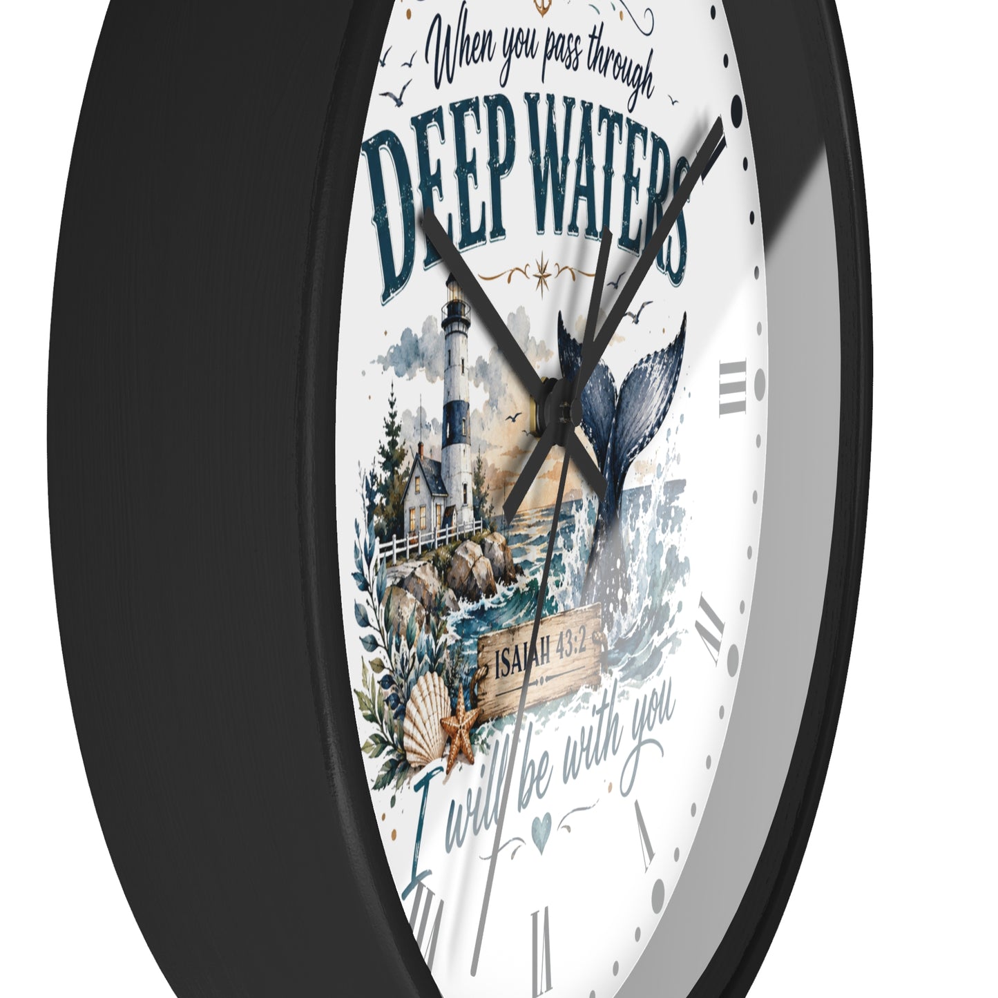 Inspirational Lighthouse Bible Verse Wall Clock — "When You Pass Through Deep Waters" (Isaiah 43:2)