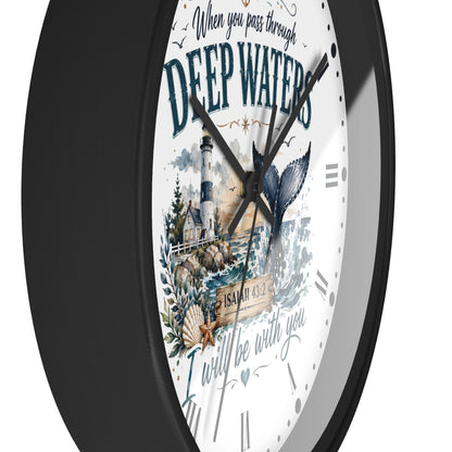 Inspirational Lighthouse Bible Verse Wall Clock — "When You Pass Through Deep Waters" (Isaiah 43:2)
