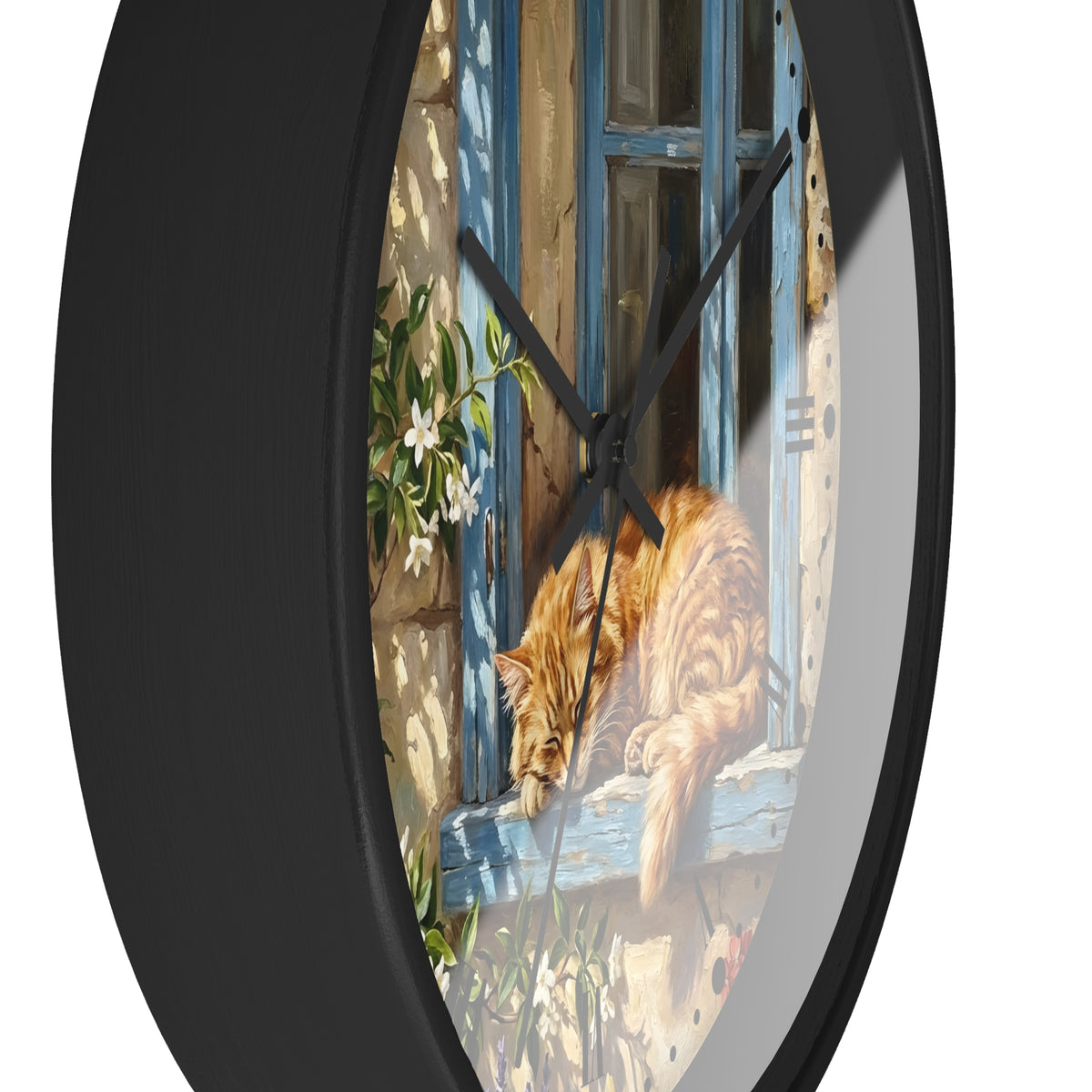 Round wall clock with a black frame and a printed illustration of an orange tabby cat resting on a blue window sill.