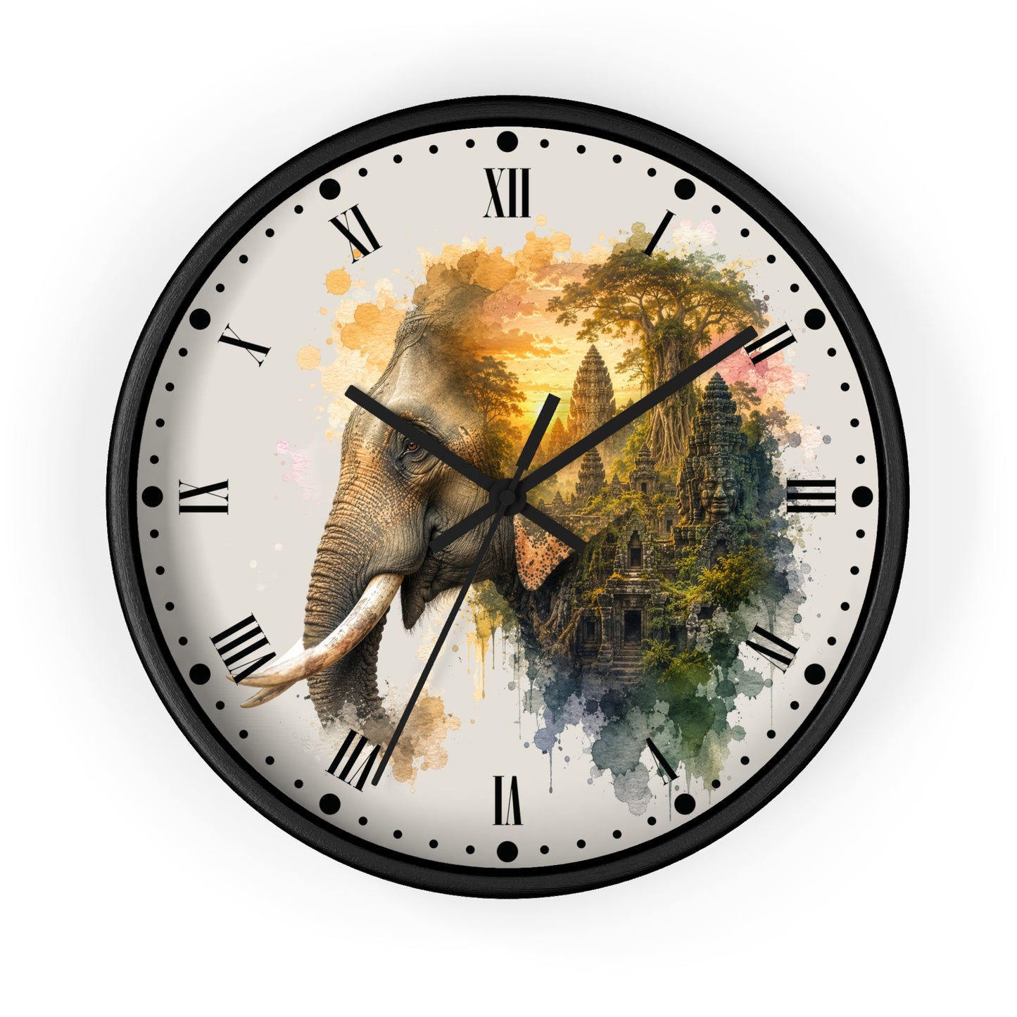 A round wall clock with a black frame and a printed face featuring a watercolor-style elephant merging into a temple scene with gold, green, and blue tones on a light background.