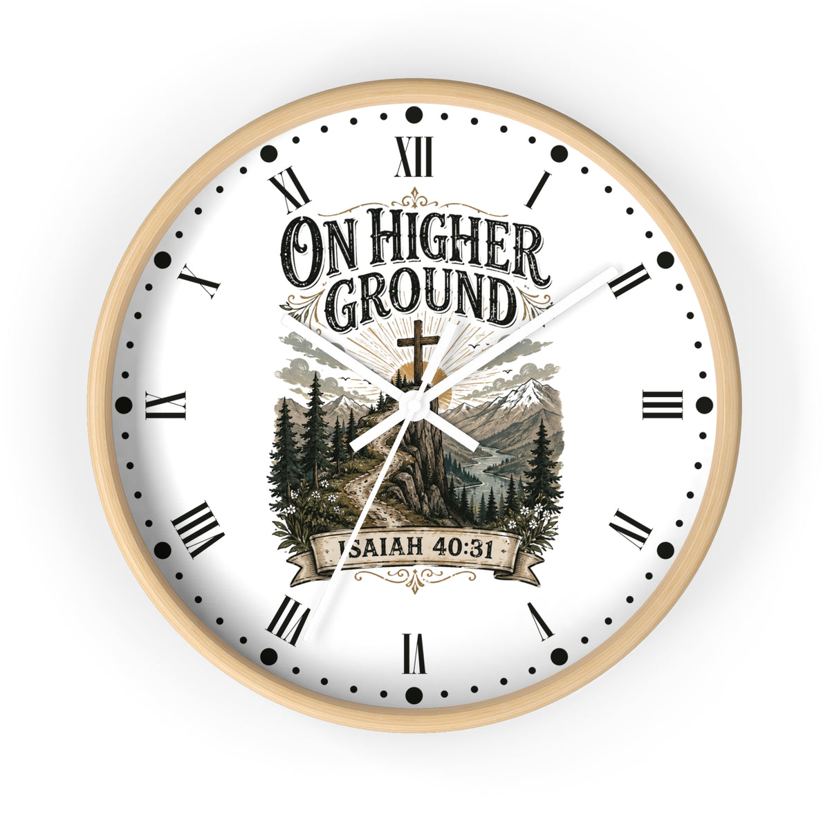 On Higher Ground Wall Clock — Isaiah 40:31 Mountain Christian Decor
