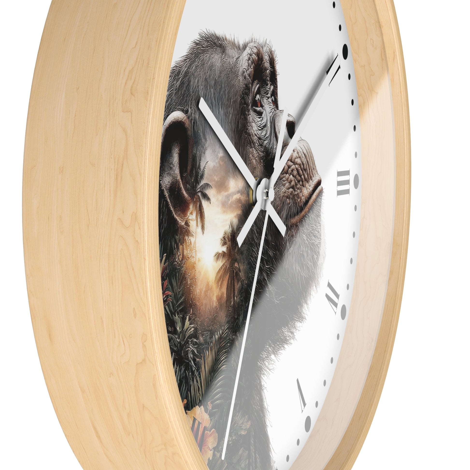 Round wall clock with a light natural wood frame and a white face featuring a detailed chimpanzee portrait with a sunset landscape reflection.