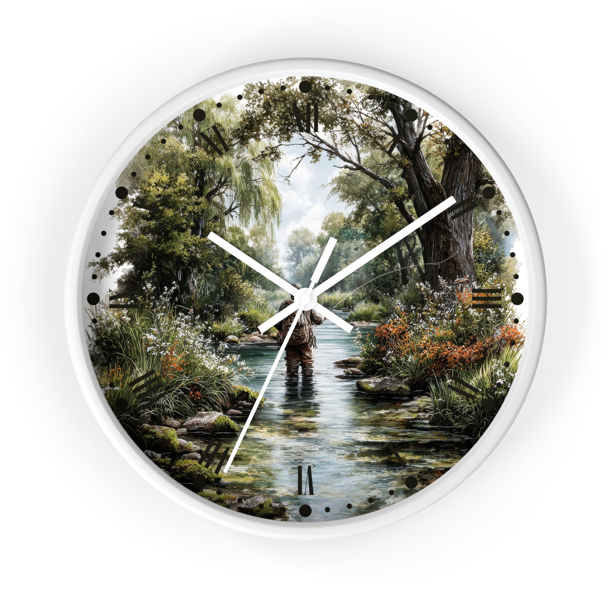 Round wall clock with a white frame and a printed scenic illustration of a fly-fishing scene in a forest stream. The clock has white hands and black hour markers.