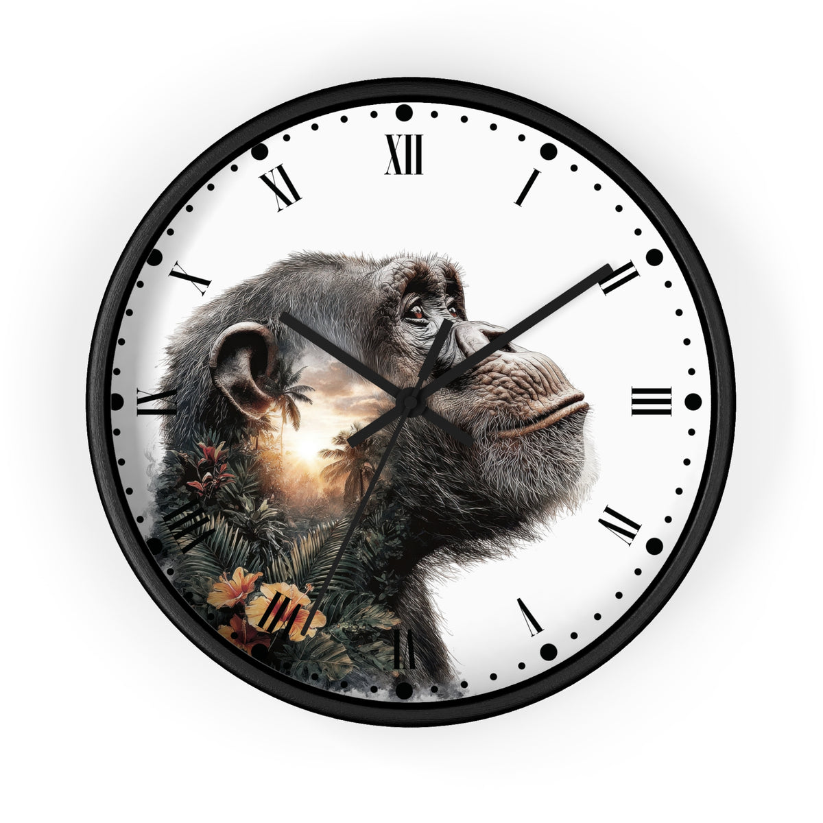 A round wall clock with a black frame and a white face featuring a detailed illustration of a chimpanzee's head with tropical foliage and a glowing sun set. The clock has black Roman numerals and simple black dot hour markers.