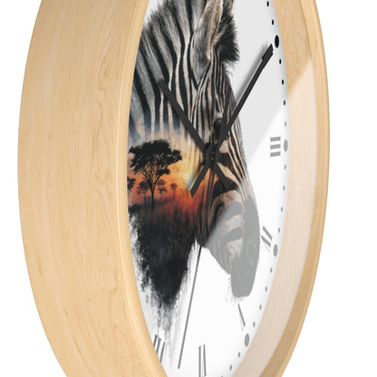 Zebra Sunset Wall Clock with Roman Numerals — African Savanna Animal Decor