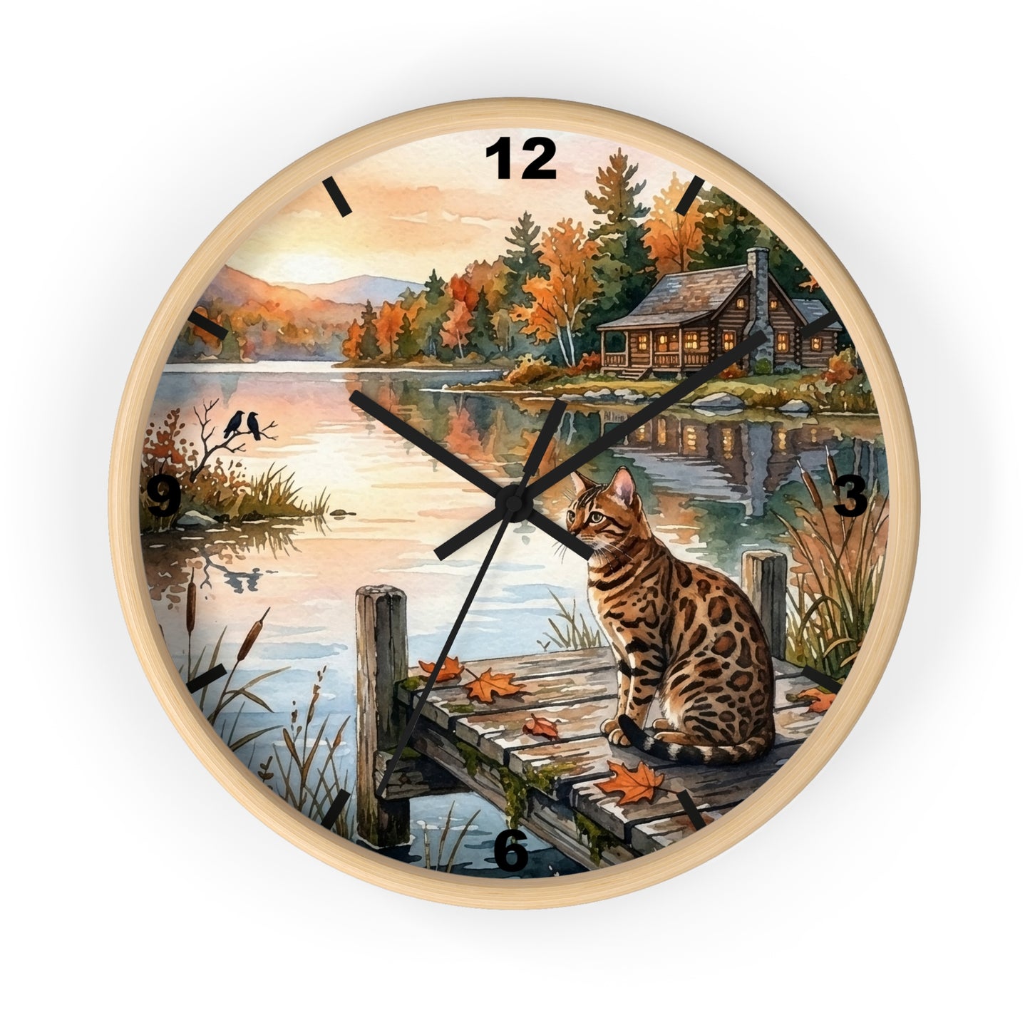 Autumn Lakeside Bengal Cat Wall Clock — Rustic Cabin Sunset Decor