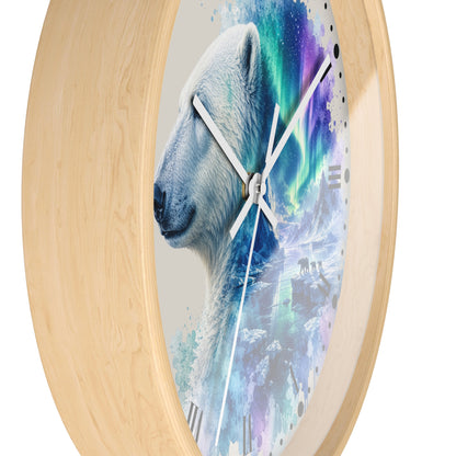 Polar Bear Aurora Wall Clock — Arctic Northern Lights Wildlife Decor