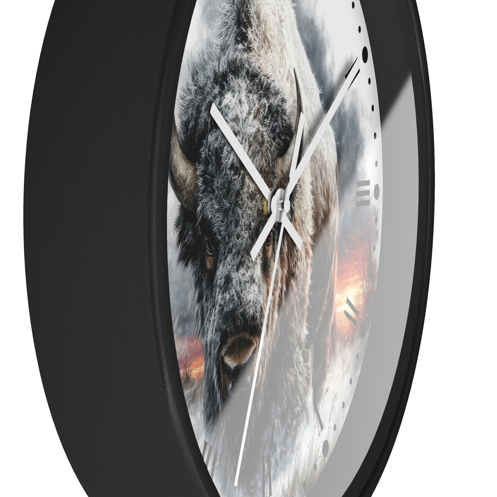 A round wall clock with a black frame and a printed design of a bison head on the face, shown against a plain white background.