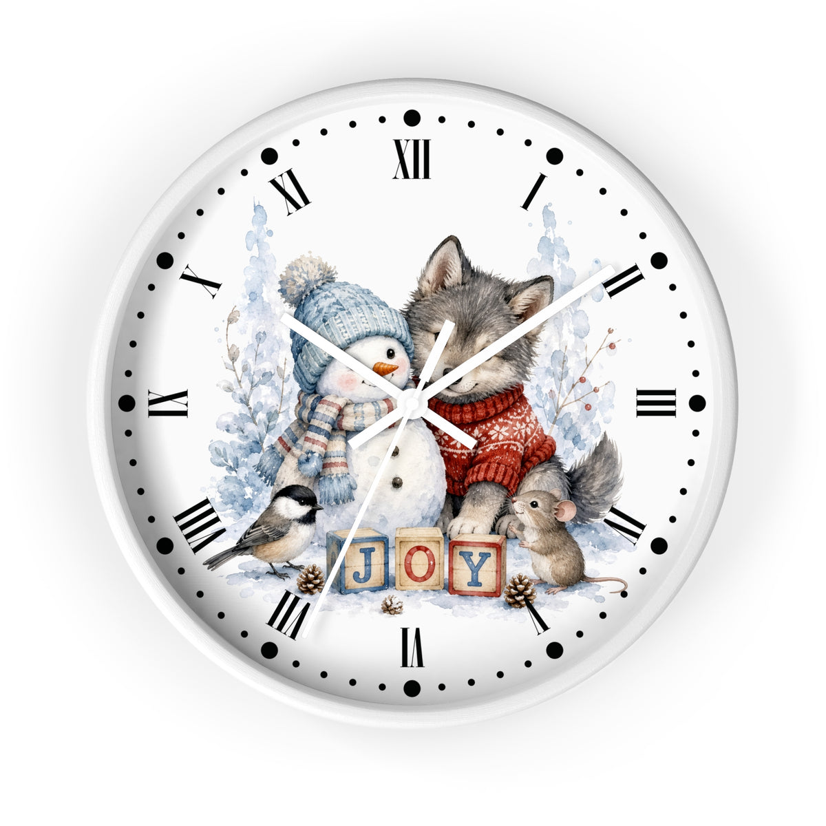 A round white wall clock with a festive winter illustration featuring a snowman, a gray wolf, a small bird, a mouse, and the word 'JOY' in wooden blocks. The clock has black Roman numerals and hands on a white background.