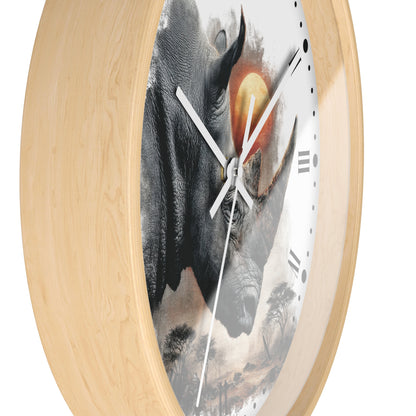 A round wall clock with a light natural wood frame and a white dial featuring a large rhinoceros illustration with a warm orange-yellow sun and faint landscape details.