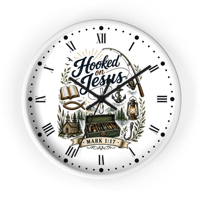 Hooked on Jesus Wall Clock — Christian Fishing & Faith Decor (Mark 1:17)