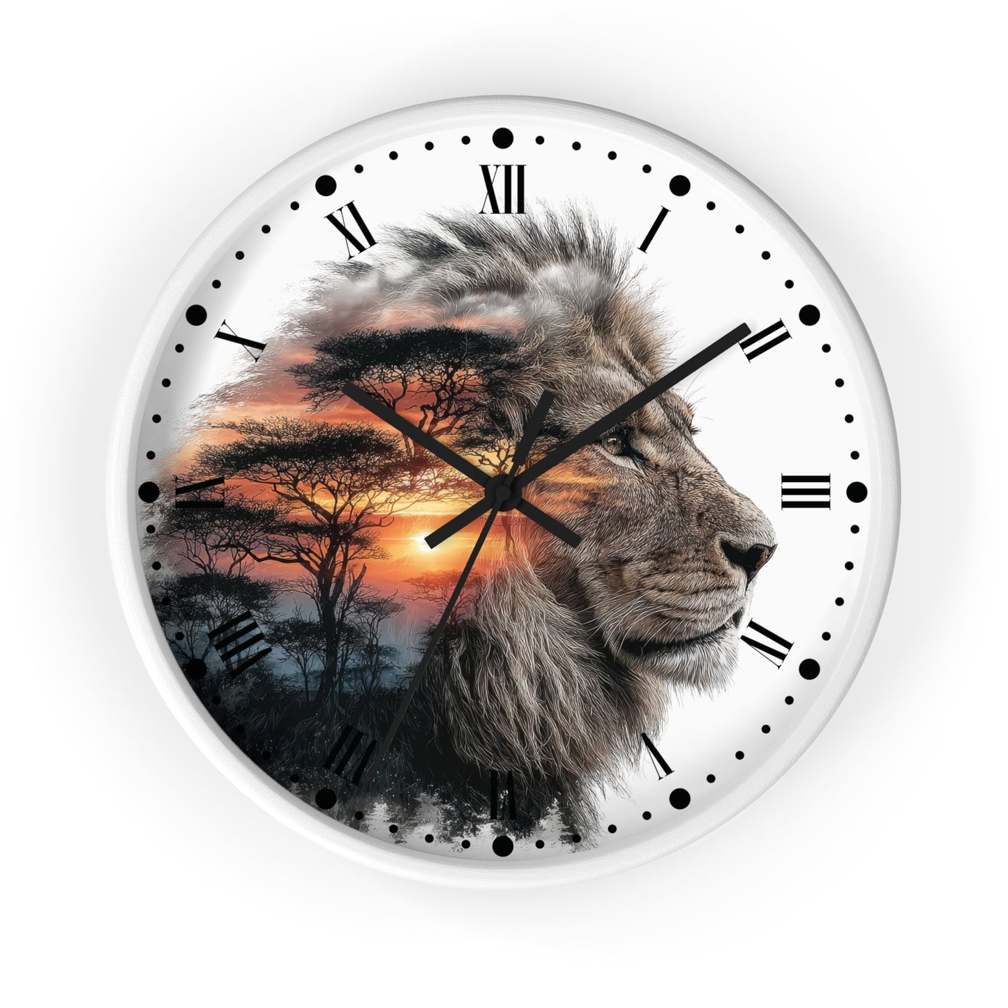 A round wall clock with a white face and black Roman numerals, featuring a photographic lion head layered over a savanna sunset scene with trees. The clock has black hands and black dot hour markers, shown against a plain white background.