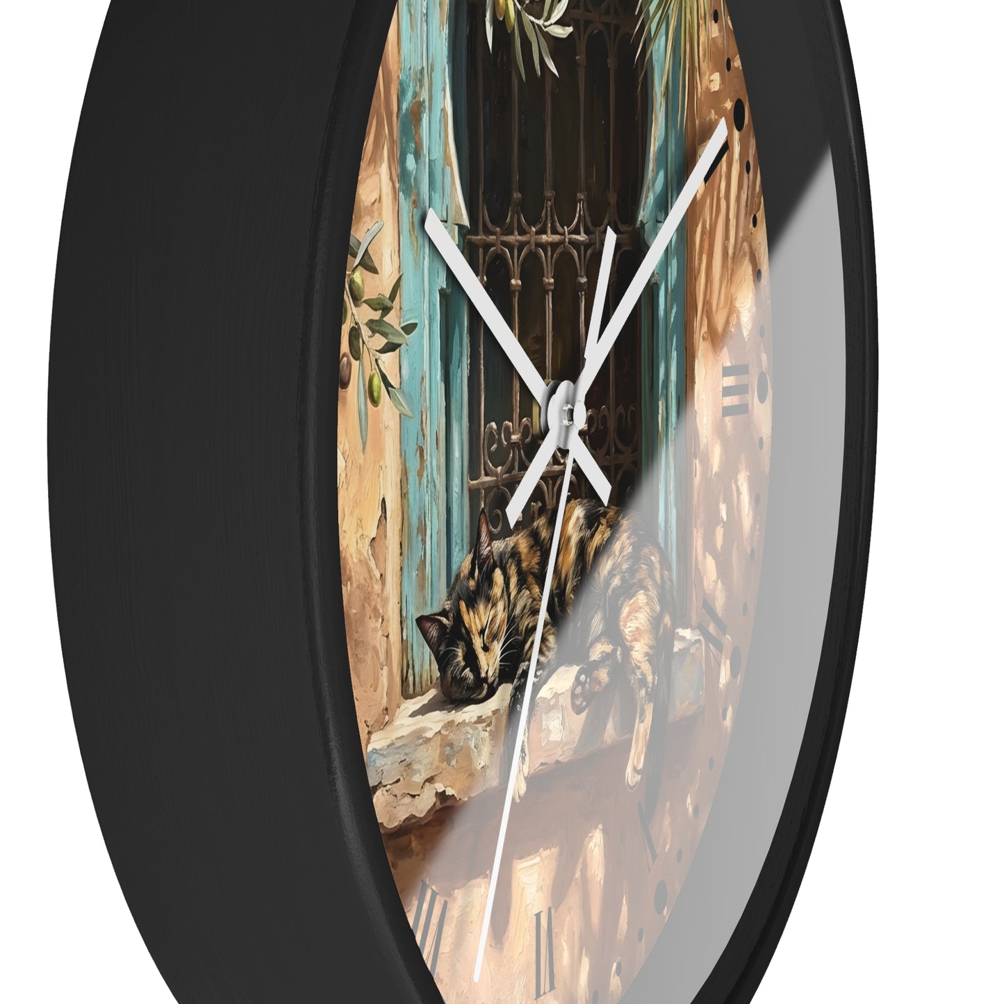 Mediterranean Torte Cat Wall Clock — Sleeping Calico Tabby Window Scene