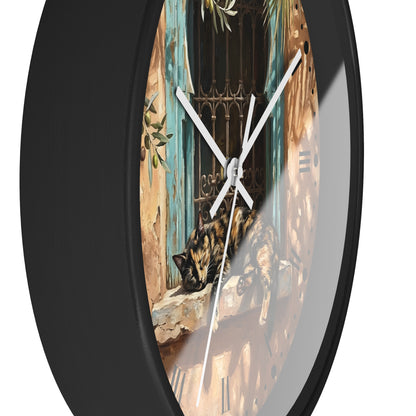 Mediterranean Torte Cat Wall Clock — Sleeping Calico Tabby Window Scene
