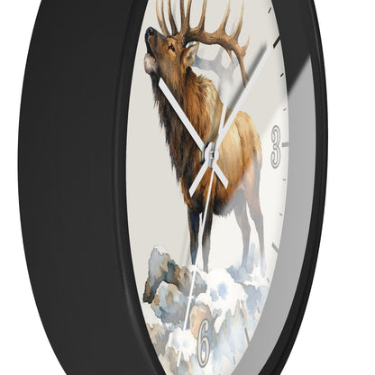 Elk Winter Wall Clock — Rustic Watercolor Mountain Lodge Decor