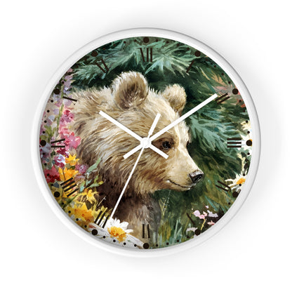 Bear Cub Floral Wall Clock — Rustic Woodland Nursery Decor