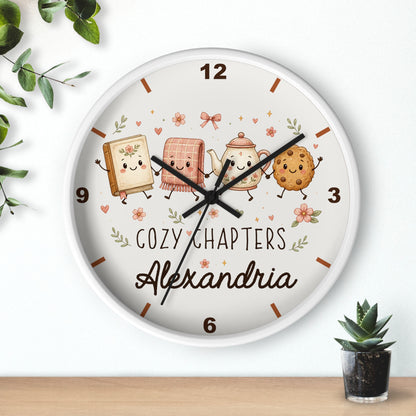Cozy Chapters Personalized Wall Clock | Cute Book & Tea Kids Room Decor