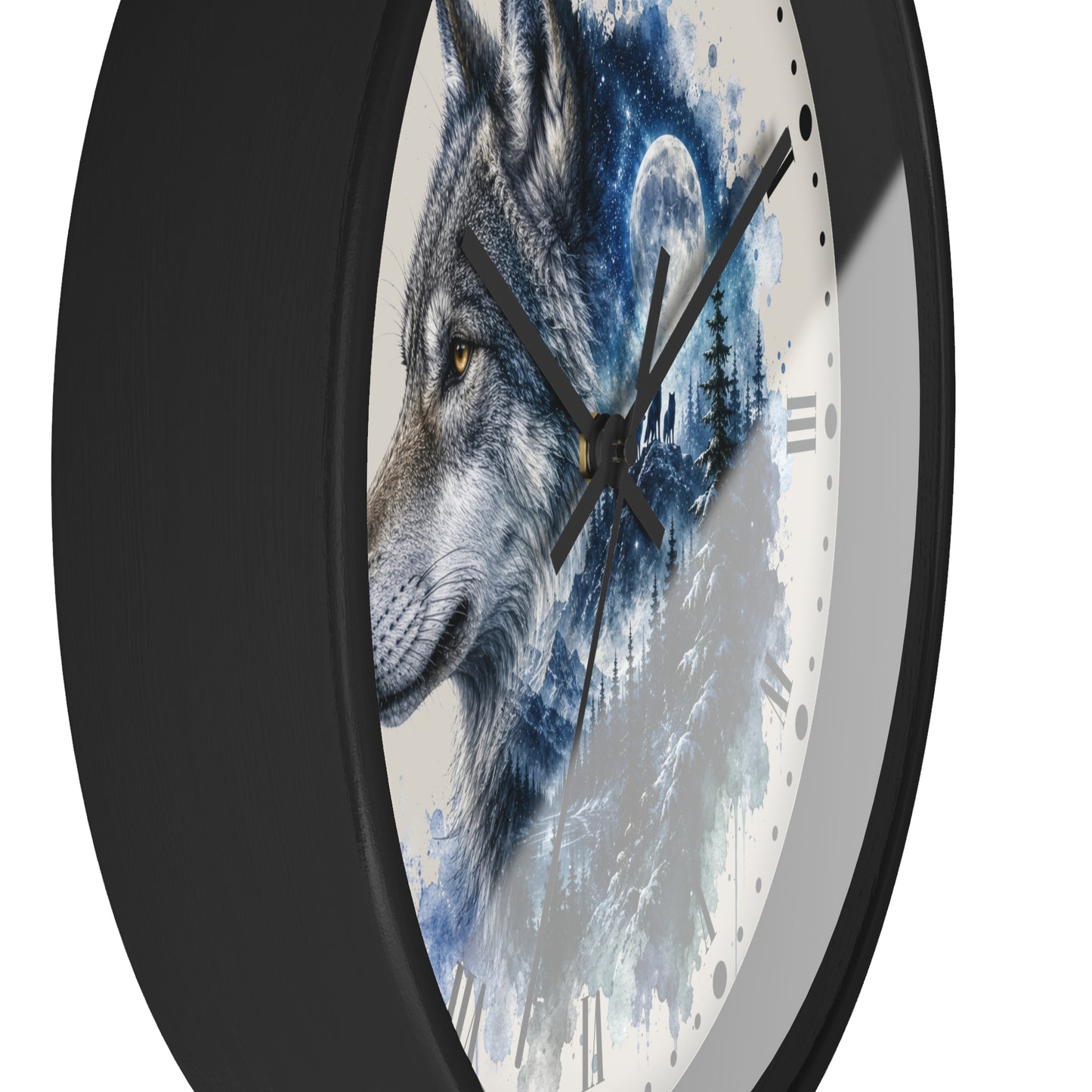 A round wall clock with a black frame and a printed wolf face design on the dial. The artwork shows a gray and white wolf in profile against a blue moonlit sky, with black clock hands and simple black hour markers on an off-white face.