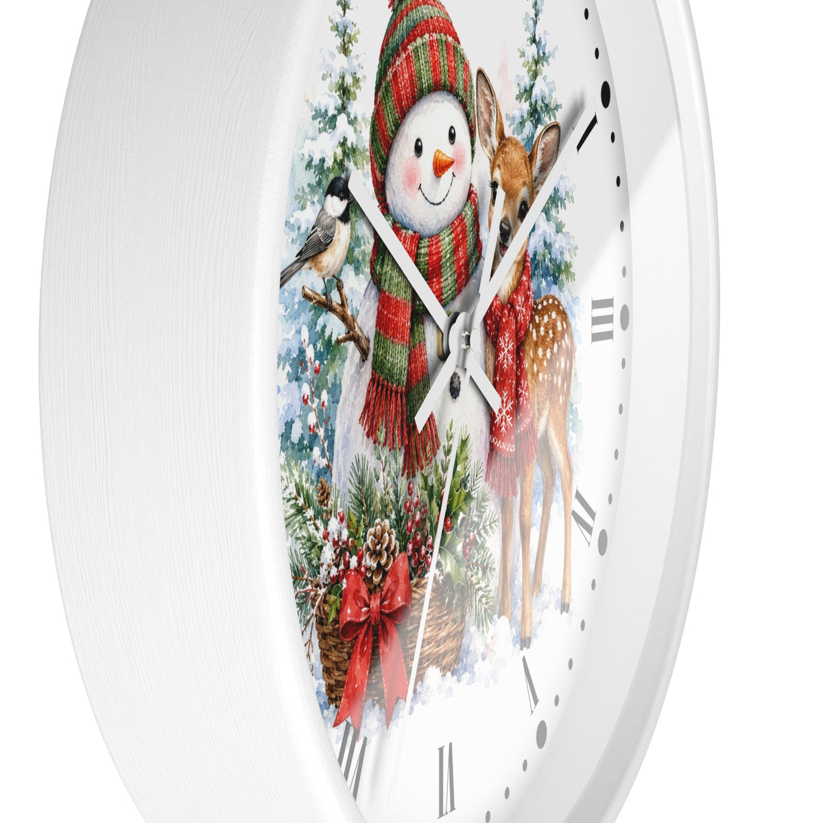 A white round wall clock with a festive winter illustration on the face, featuring a snowman in a red and green striped hat and scarf, a deer in a red dress, a bird, and snowy trees.