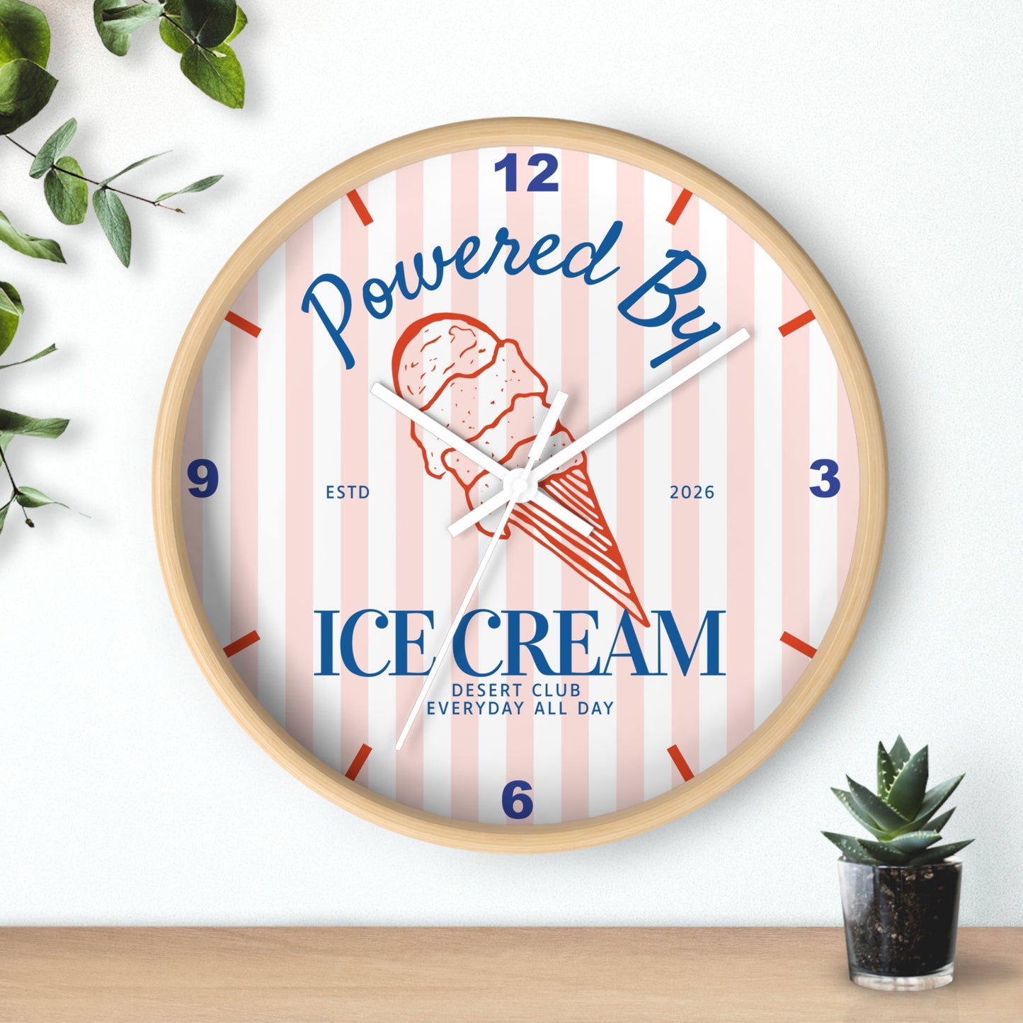 Desert Club Wall Clock | "Powered By Ice Cream" Retro Striped Dessert Kitchen Decor