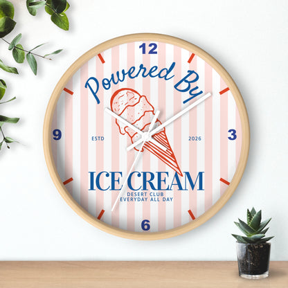 Desert Club Wall Clock | "Powered By Ice Cream" Retro Striped Dessert Kitchen Decor