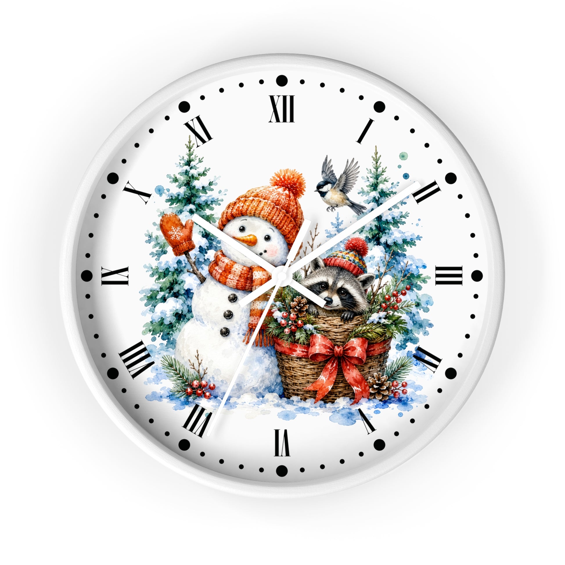 A round white wall clock with a festive winter illustration on the face, featuring a snowman in an orange hat and scarf, a raccoon in a basket with red bows, evergreen trees, and a bird. The clock has black Roman numerals, black dot hour markers, and white hands, shown against a plain white background.