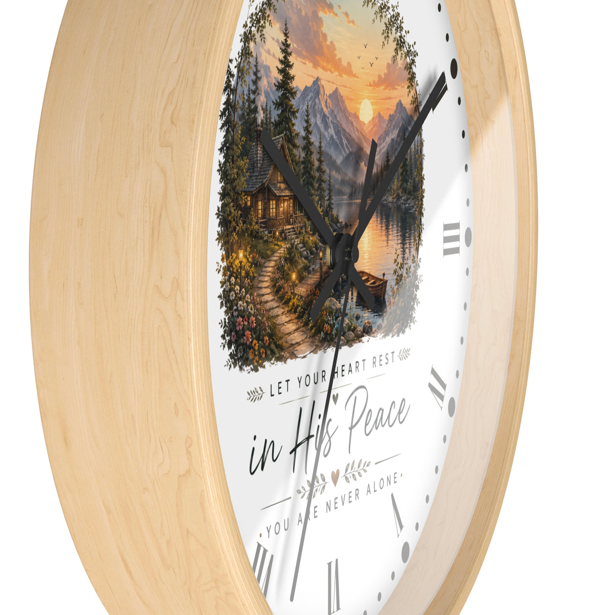 Scenic Cabin Christian Wall Clock - 'In His Peace Let Your Heart Rest'