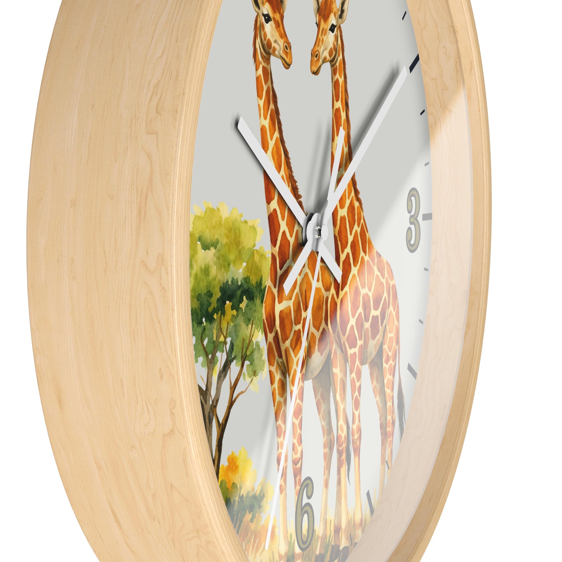 Round wall clock with a light natural wood frame and a printed giraffe-and-tree face design, shown on a plain white background.