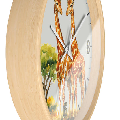 Round wall clock with a light natural wood frame and a printed giraffe-and-tree face design, shown on a plain white background.