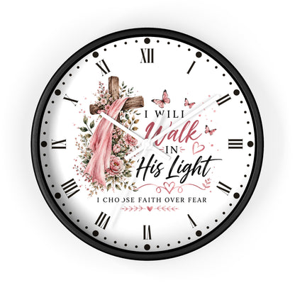 I Will Walk in His Light Wall Clock — Floral Cross Christian Cancer Awareness Gift