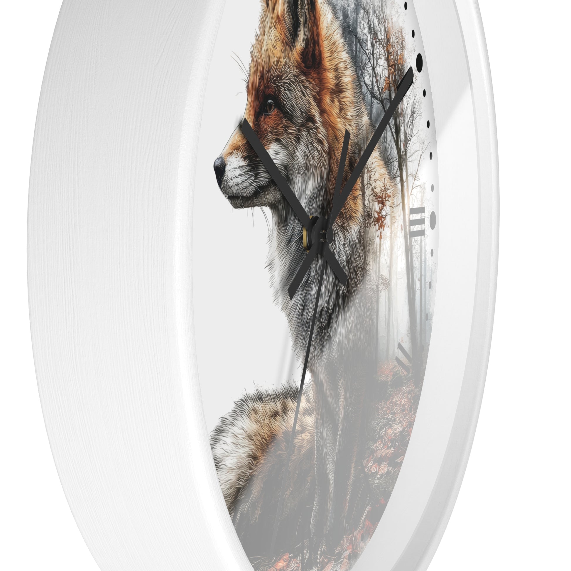 A round wall clock with a white frame and a printed fox illustration on the face, shown against a plain white background.