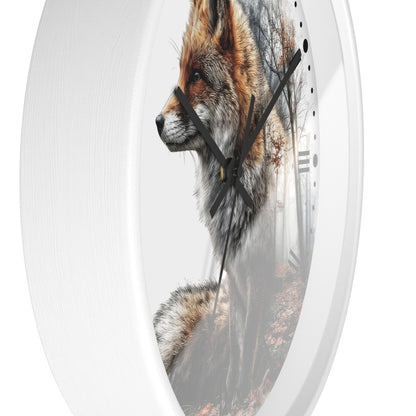 A round wall clock with a white frame and a printed fox illustration on the face, shown against a plain white background.