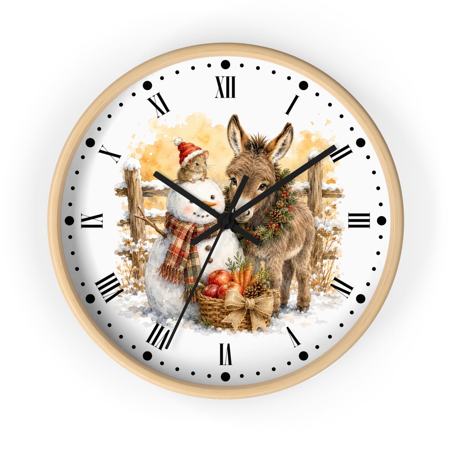 A round wall clock with a light wood frame and a white face featuring a festive winter illustration of a snowman and a donkey, with black Roman numerals and hands on a white background.