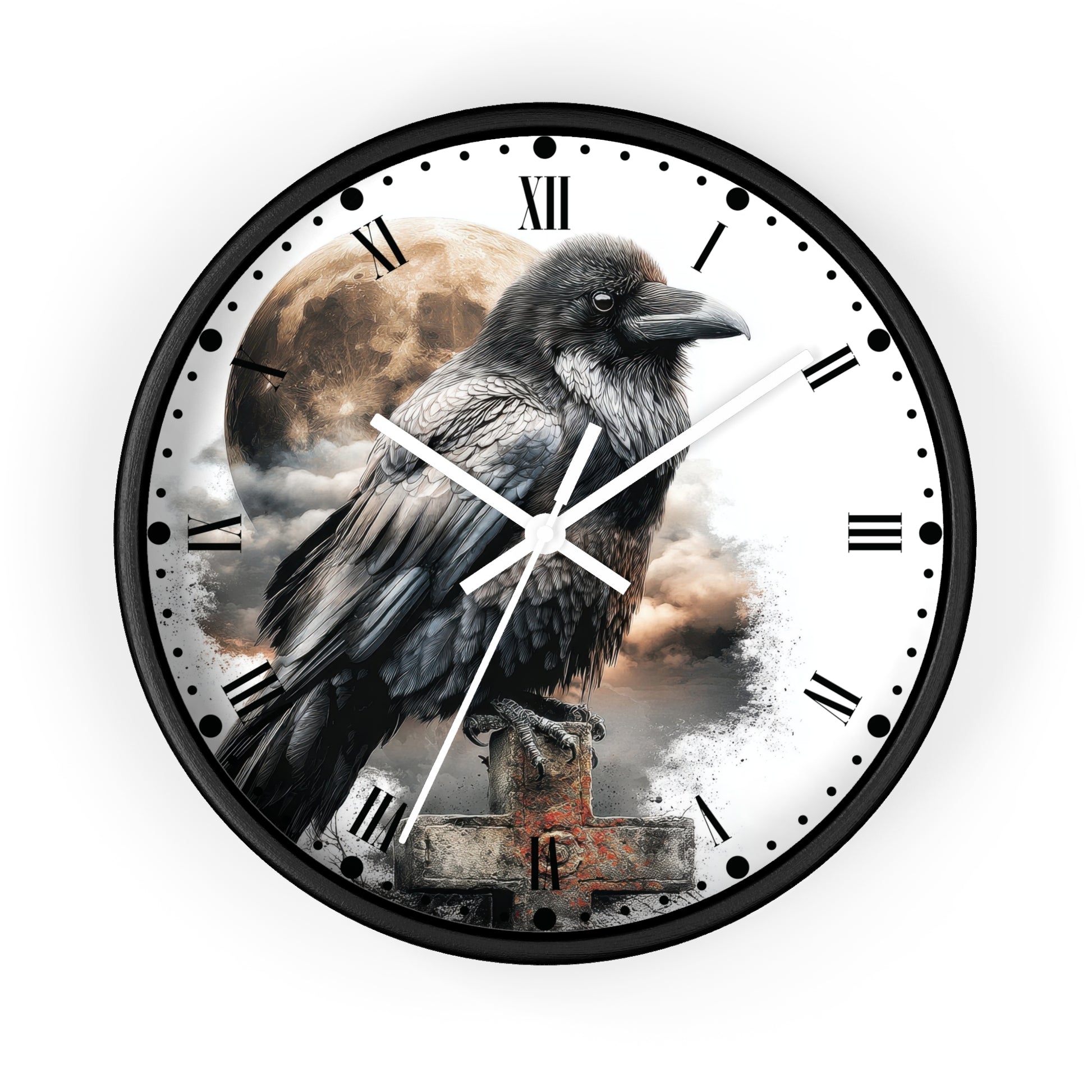 A round wall clock with a black frame and a printed design of a raven perched against a cloudy sky and moon, with black Roman numerals and white hands on a white face.