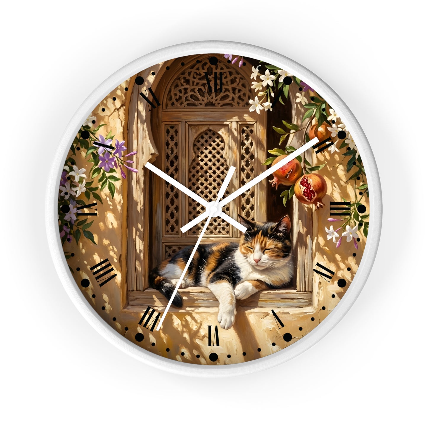 A round wall clock with a white frame and hands, featuring a printed design of a calico cat resting on a wooden window ledge with flowers, pomegranates, and a warm beige background.