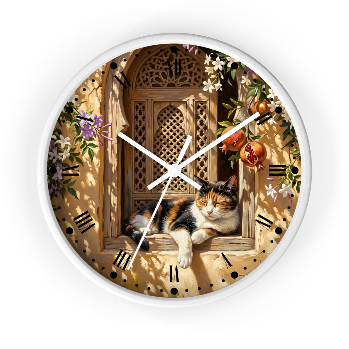 A round wall clock with a white frame and hands, featuring a printed design of a calico cat resting on a wooden window ledge with flowers, pomegranates, and a warm beige background.
