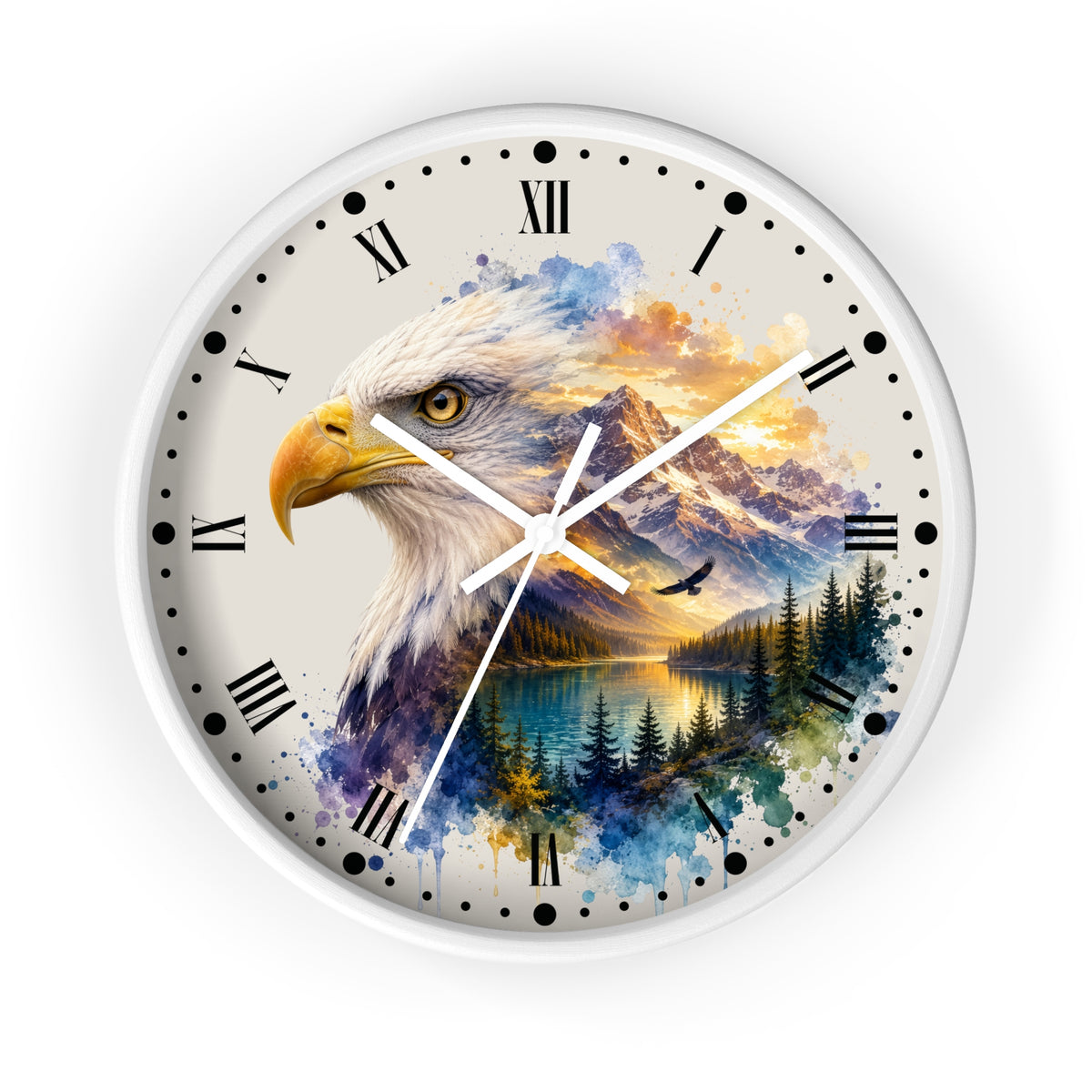 A round wall clock with a white frame and Roman numerals, featuring a detailed illustration of a bald eagle over a colorful landscape of mountains, lake, and pine trees on the clock face.