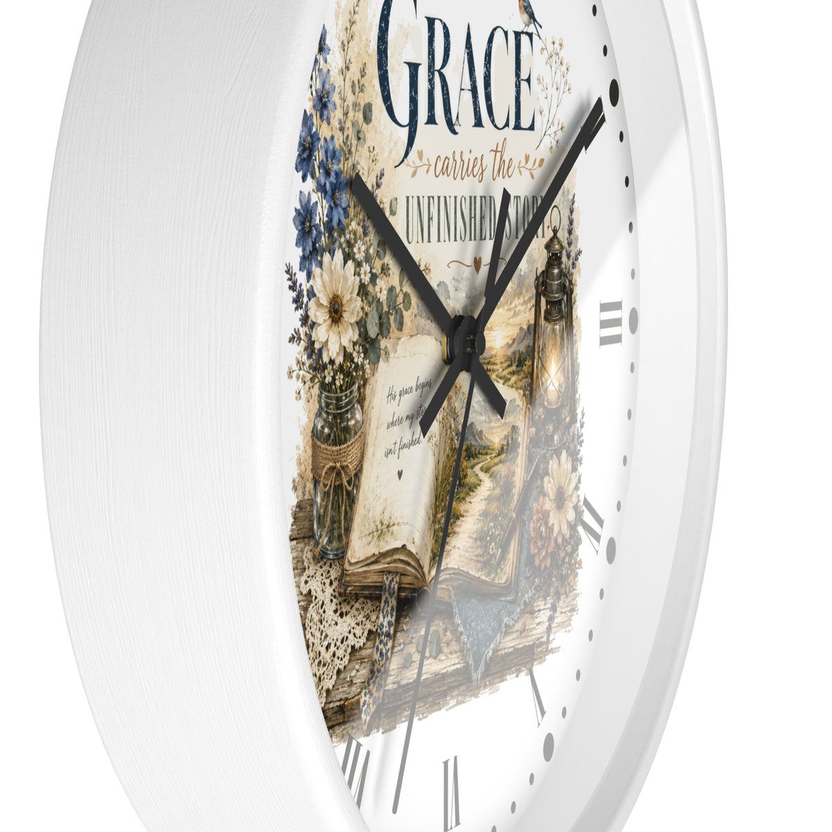 Grace Carries the Unfinished Story Wall Clock — Inspirational Rustic Farmhouse Decor