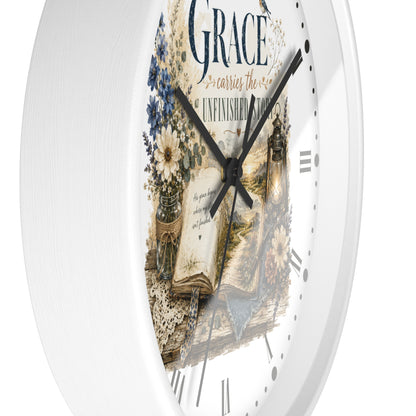 Grace Carries the Unfinished Story Wall Clock — Inspirational Rustic Farmhouse Decor