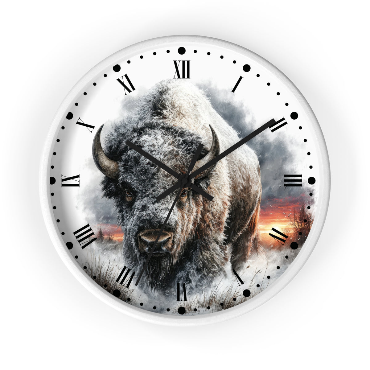 Round wall clock with a white frame and face, featuring a large bison illustration over a smoky landscape with a sunset. The clock uses Roman numerals for hour markers and has black hands and dots.