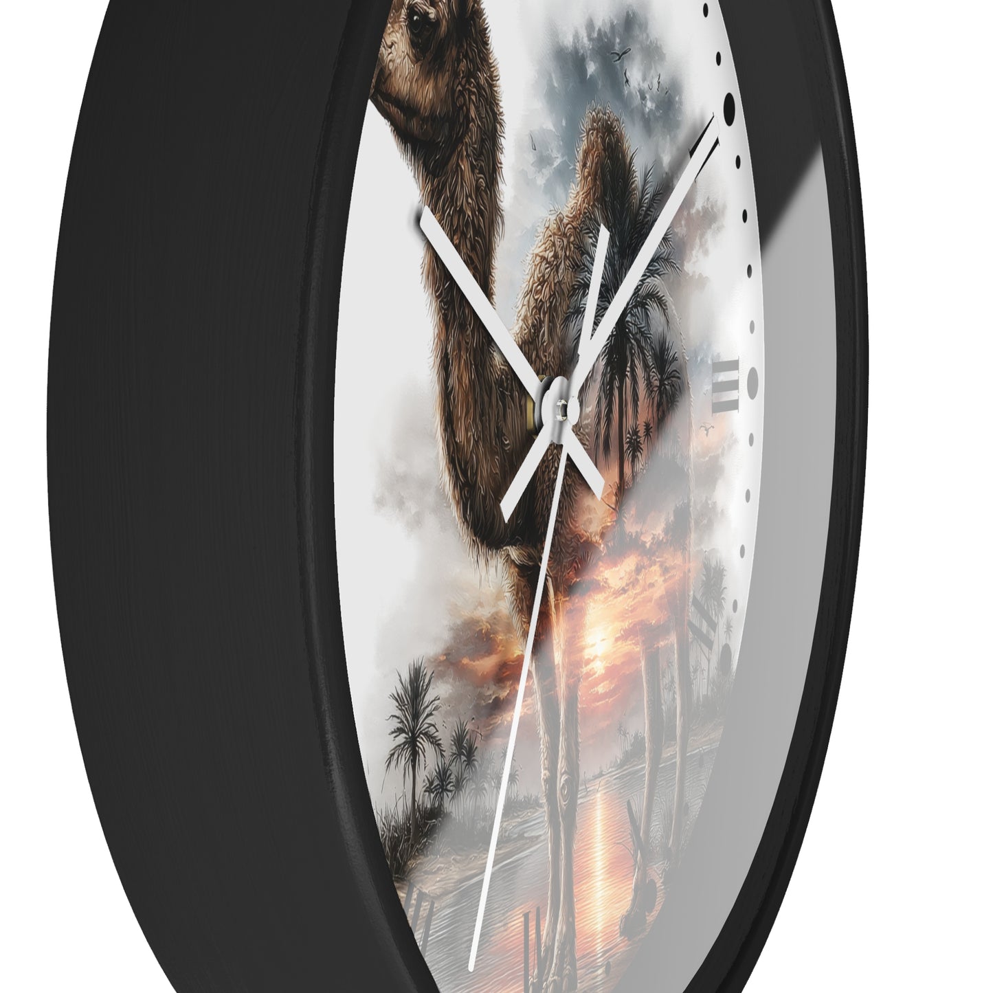 Round wall clock with a black frame and a printed camel landscape design on the face, shown against a plain white background.